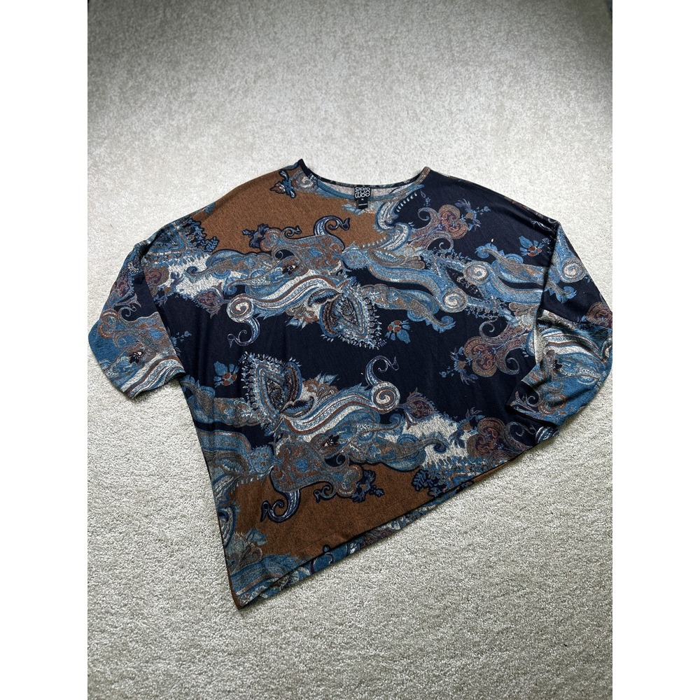 Clara Sun Woo Sweater Womens‎ XL Brown Blue Paisley Asymmetrical Lagenlook